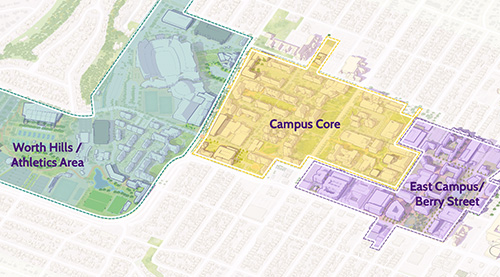 diagram of campus showing Worth Hills/Athletics, Campus Core, and East Campus/Berry Street sections