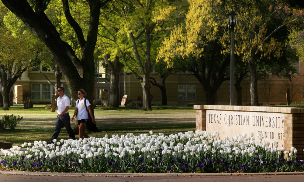 campus sign on university drive with tulips in bloom